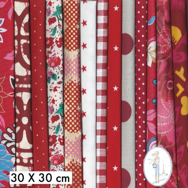 Lot coupons tissu pas cher rouge 30X30 cm