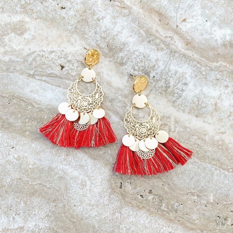 Boucles d'oreilles pompon rouge - Original Ethnik