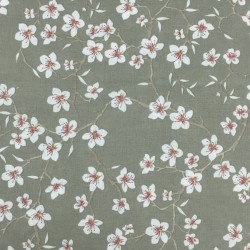 Tissu coton enduit vert sauge fleurs de cerisier