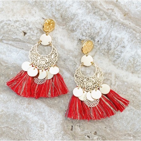 Boucles d'oreilles pendantes rouges et soie - maman sans notice