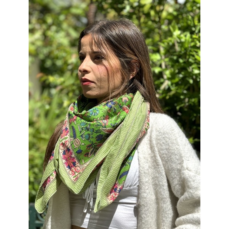 Foulard Carré En Voile De Coton CHENNAI - Impression Block Print à La Main - 75x75 Cm - Blanc Fleuri - Écharpe Bohème éthique